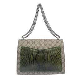 Pre Owned Gucci Beige/Green GG Supreme Canvas and Python Dionysus Medium Shoulder Bag