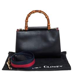 Pre Owned Gucci Black Smooth Leather Mini Nymphaea Bamboo Top Handle Bag