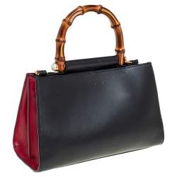 Pre Owned Gucci Black Smooth Leather Mini Nymphaea Bamboo Top Handle Bag