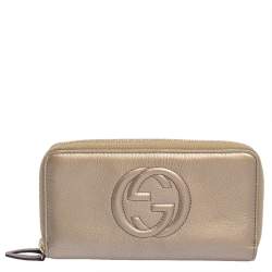 Pre Owned Gucci Metallic Beige Leather Soho Zip Around Organizer Wallet