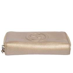 Pre Owned Gucci Metallic Beige Leather Soho Zip Around Organizer Wallet