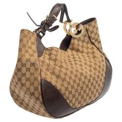 Pre Owned حقيبة هوبو غوتشي شارلوت كانفاس جي جي بني/بيج وجلد