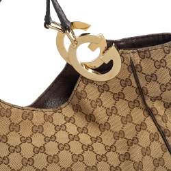 Pre Owned حقيبة هوبو غوتشي شارلوت كانفاس جي جي بني/بيج وجلد