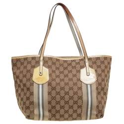 Pre Owned Gucci Beige/Yellow GG Canvas And Patent Leather Tote 