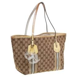 Pre Owned Gucci Beige/Yellow GG Canvas And Patent Leather Tote 