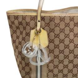 Pre Owned Gucci Beige/Yellow GG Canvas And Patent Leather Tote 