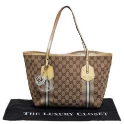 Pre Owned Gucci Beige/Yellow GG Canvas And Patent Leather Tote 