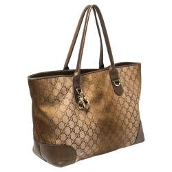 Pre Owned Gucci Beige/Brown GG Canvas and Leather Medium Embellished Heart Bit Charm  Tote