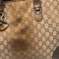 Pre Owned Gucci Beige/Brown GG Canvas and Leather Medium Embellished Heart Bit Charm  Tote