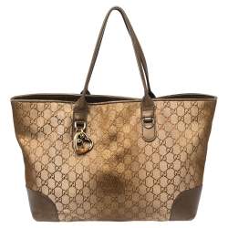 Pre Owned Gucci Beige/Brown GG Canvas and Leather Medium Embellished Heart Bit Charm  Tote