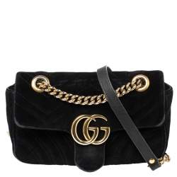 Pre Owned Gucci Black Matelasse Velvet Mini GG Marmont Shoulder Bag