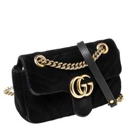 Pre Owned Gucci Black Matelasse Velvet Mini GG Marmont Shoulder Bag