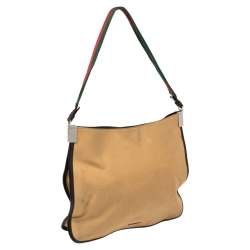 Gucci Khaki Brown Canvas and Leather Trim Web Detail Hobo