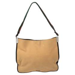 Gucci Khaki Brown Canvas and Leather Trim Web Detail Hobo