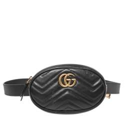 Pre Owned Gucci Black Matelassé Leather GG Marmont Belt Bag