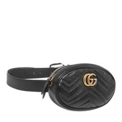 Pre Owned Gucci Black Matelassé Leather GG Marmont Belt Bag
