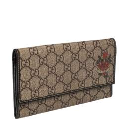 مملوكة مسبقًا محفظة غوتشي هارت تاتو GG سوبريم بني/بيج بحواف جلد لامع بقلاب