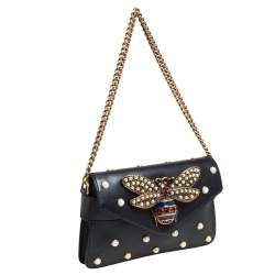 مملوكة مسبقًا Gucci Black Leather Broadway Pearly Bee Shoulder Bag