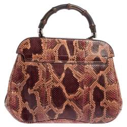 مملوكة مسبقًا Gucci Burgundy/Pink Python Lady Lock Bamboo Large Top Handle Bag