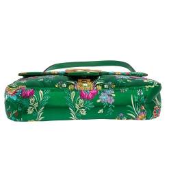 Pre Owned Gucci Green Matelassé Floral Satin Medium GG Marmont Shoulder Bag