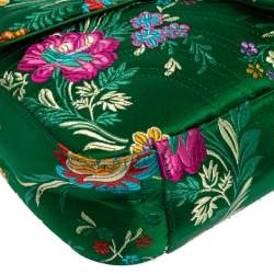 Pre Owned Gucci Green Matelassé Floral Satin Medium GG Marmont Shoulder Bag