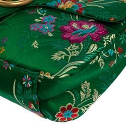 Pre Owned Gucci Green Matelassé Floral Satin Medium GG Marmont Shoulder Bag