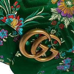 Pre Owned Gucci Green Matelassé Floral Satin Medium GG Marmont Shoulder Bag