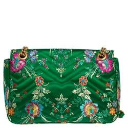 Pre Owned Gucci Green Matelassé Floral Satin Medium GG Marmont Shoulder Bag