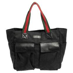 Pre Owned Gucci Black GG Canvas Double Pocket Web Handle Tote