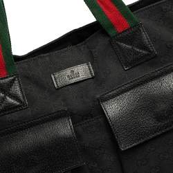 Pre Owned Gucci Black GG Canvas Double Pocket Web Handle Tote