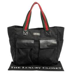Pre Owned Gucci Black GG Canvas Double Pocket Web Handle Tote