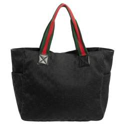 Pre Owned Gucci Black GG Canvas Double Pocket Web Handle Tote