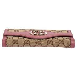 Pre Owned Gucci Beige/Pink GG Canvas and Leather Interlocking G Continental Wallet