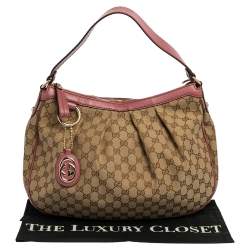 Pre Owned حقيبة هوبو غوتشي سوكي جلد وكانفاس GG وردي / بيج متوسطة