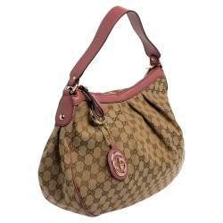 Pre Owned حقيبة هوبو غوتشي سوكي جلد وكانفاس GG وردي / بيج متوسطة