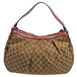 Pre Owned حقيبة هوبو غوتشي سوكي جلد وكانفاس GG وردي / بيج متوسطة