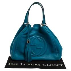Pre Owned Gucci Blue Pebbled Leather Medium Soho Tote