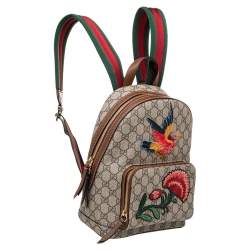 Pre Owned Gucci Beige GG Embroidery Canvas And Leather Web Backpack