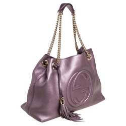 Pre Owned حقيبة يد توتس غوتشي سوهو جلد بنفسجي ميتاليك بسلسلة متوسطة 