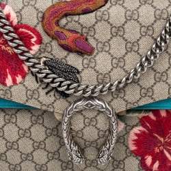 مملوكة مسبقًا Gucci Beige/Blue GG Supreme Canvas and Suede Medium Embroidered Snake/Flowers Dionysus Shoulder Bag