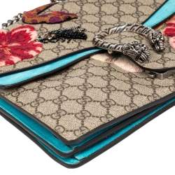 مملوكة مسبقًا Gucci Beige/Blue GG Supreme Canvas and Suede Medium Embroidered Snake/Flowers Dionysus Shoulder Bag