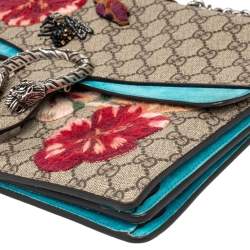 مملوكة مسبقًا Gucci Beige/Blue GG Supreme Canvas and Suede Medium Embroidered Snake/Flowers Dionysus Shoulder Bag