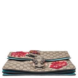 مملوكة مسبقًا Gucci Beige/Blue GG Supreme Canvas and Suede Medium Embroidered Snake/Flowers Dionysus Shoulder Bag