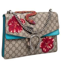 مملوكة مسبقًا Gucci Beige/Blue GG Supreme Canvas and Suede Medium Embroidered Snake/Flowers Dionysus Shoulder Bag
