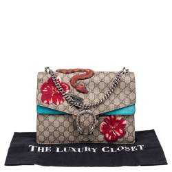 مملوكة مسبقًا Gucci Beige/Blue GG Supreme Canvas and Suede Medium Embroidered Snake/Flowers Dionysus Shoulder Bag