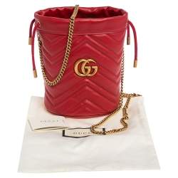 Pre Owned Gucci Red Matelassé Leather Mini GG Marmont Bucket Bag      
