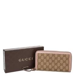 Gucci Beige/Pink Leather And GG Canvas Bree Zip Around Wallet