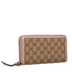 Gucci Beige/Pink Leather And GG Canvas Bree Zip Around Wallet