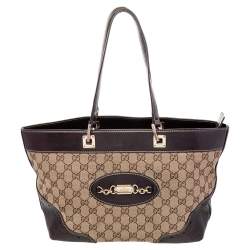 Pre Owned Gucci Beige/Brown GG Canvas and Leather Tote