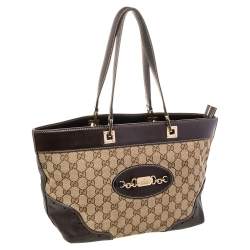 Pre Owned Gucci Beige/Brown GG Canvas and Leather Tote